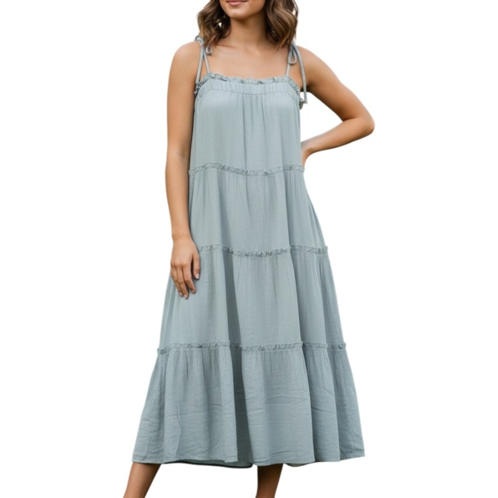 VADA WINTER X MAVERICK Light Grayish Blue TIERED SUN DRESS MAXI Ruffle Ties XL
